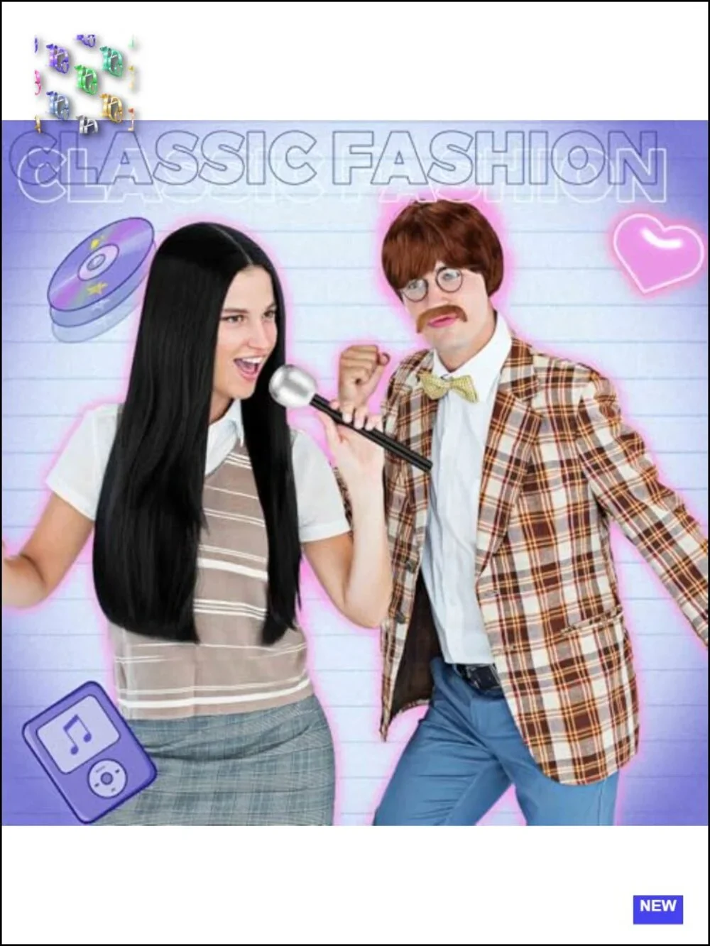 70s Hippie Costume 5 Piece Set Wig Mustache Microphones Halloween Cosplay